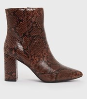 New Look Brown Faux Snake Pointed Block Heel Ankle Boots
